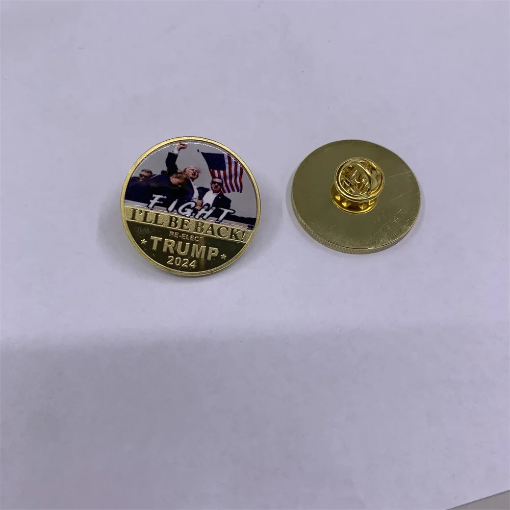 Золотые булавки с монетами Трампа 2024 броши изображением драки стрельбы я вернусь
