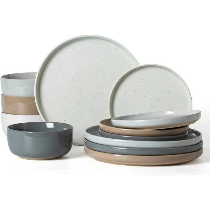 

Famiware Plates and Bowls Set, 12 Pieces Dinnerware Sets, Dishes Set for 4, Multi-color
