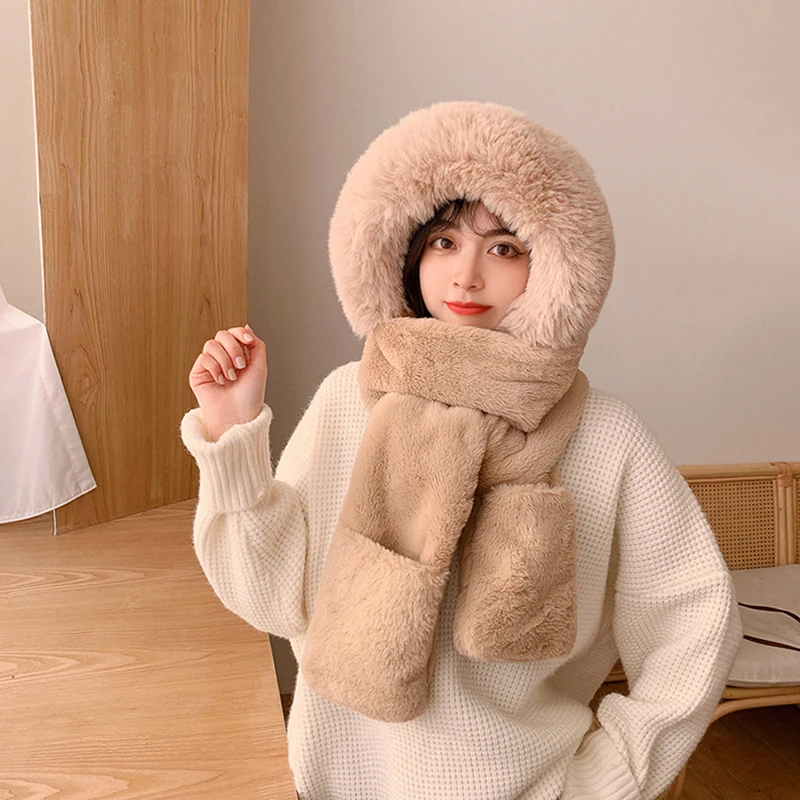 

fashion Plush Hat Scarf Gloves One-piece Cap Women Winter Thickened Net Red Gloves To Keep Warm Lei Feng Hat Wholesale all-match