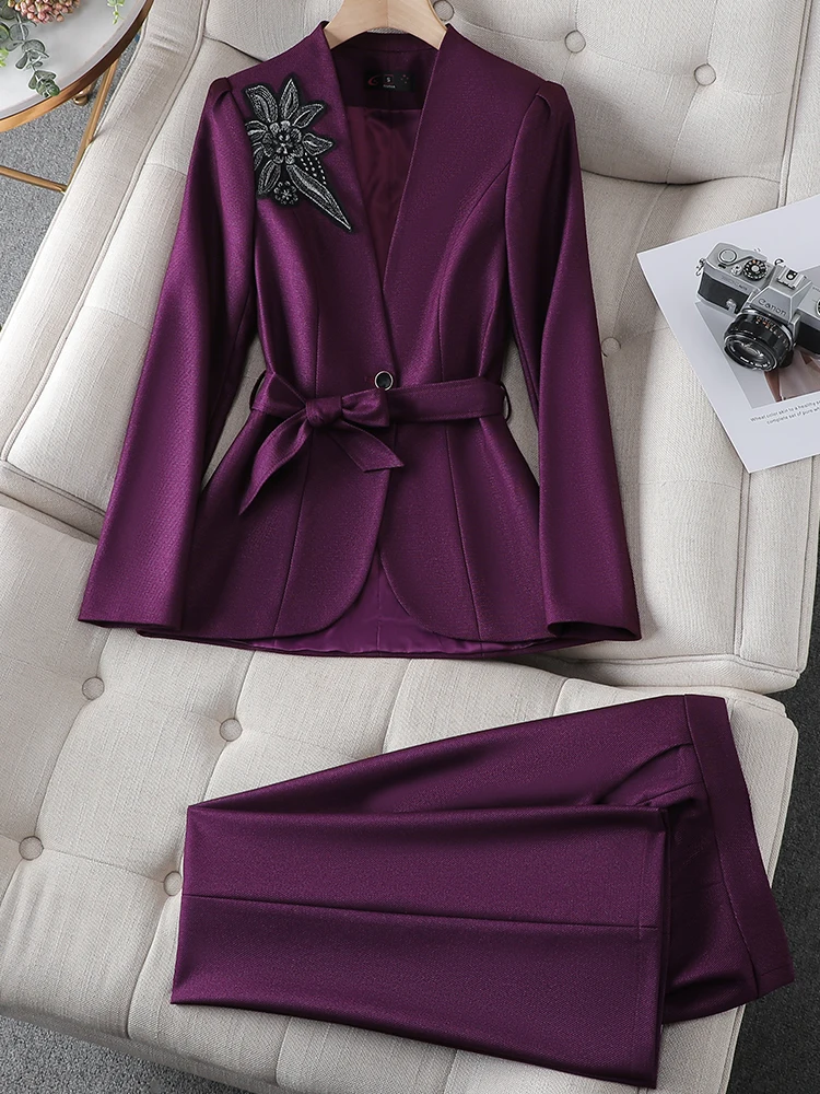 Elegant Women Winter Pant Suit Office Ladies Business Work Formal 2 Piece Set Purple Black Green Female Blazer And Trouser