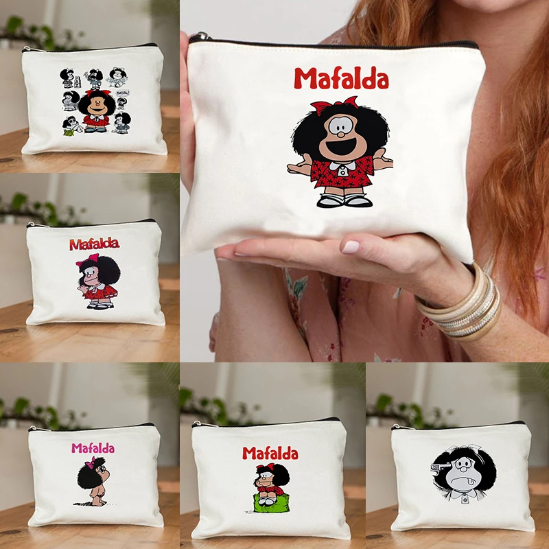 Mafalda-Bolsa de maquillaje para cosméticos, organizador de lápices con cremallera, monedero Kawaii, bolsas de aseo de viaje, regalo
