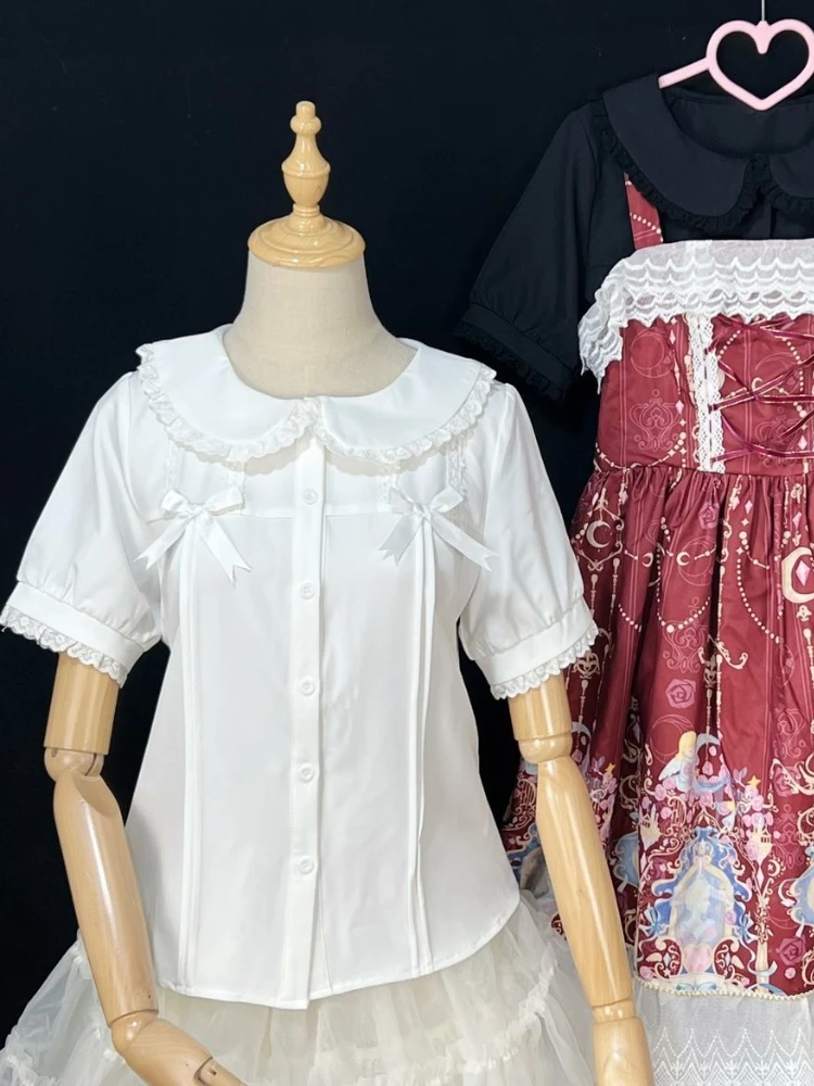 

HOUZHOU Kawaii Lolita Shirt Women White Short Sleeve Blouses Summer Sweet Preppy Style Bow Lace Peter Pan Collar Tops Japanese