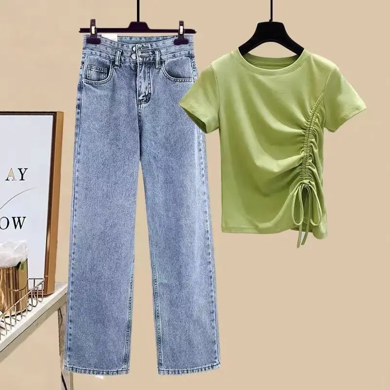 

Женский костюм из двух предметов: джинсы + футболка на шнуровке на лето, Корейская одежда, топ с круглым вырезом и коротким рукавом, джинсовы...