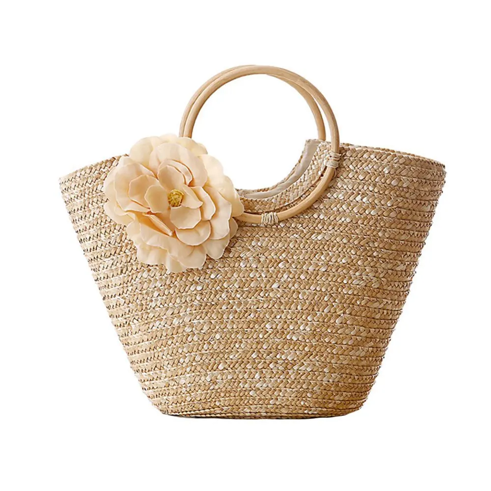 Casual Flower Rattan Large Capacity Tote Round Handle Wicker Woven Women Handbags Summer Beach Big Straw Bags Bali Travel Purse