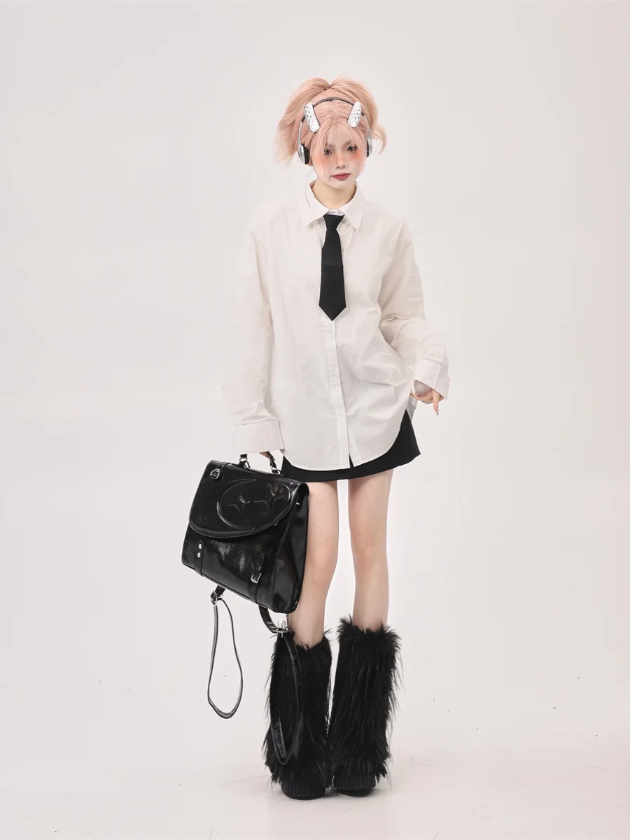 Inner wear Stacked White Long sleeve Shirts Women 2024 Autumn New Sle Tie Preppy High-Grade Loose Shirt