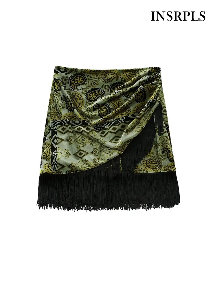 

INSRPLS Women Fashion With Fringed Printed Velvet Wrap Mini Skirt Vintage High Waist Back Zipper Female Skirts Mujer