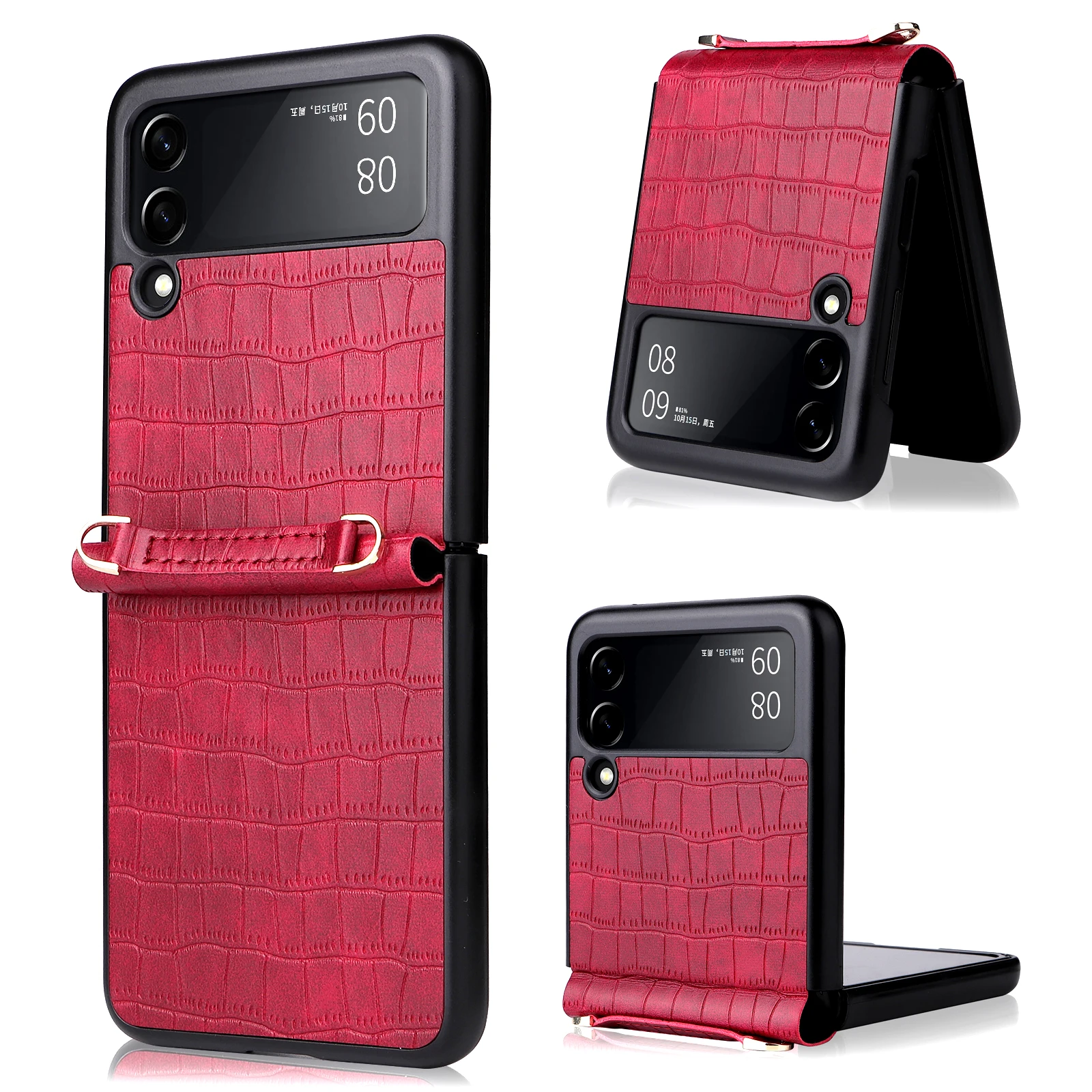 

Z Flip 4 SM-F7210 Protect Case for Samsung Galaxy Z Flip 3 SM-F7110 Leather Cover Crocodile Pattern Slim Fit Back Fundas Lanyard