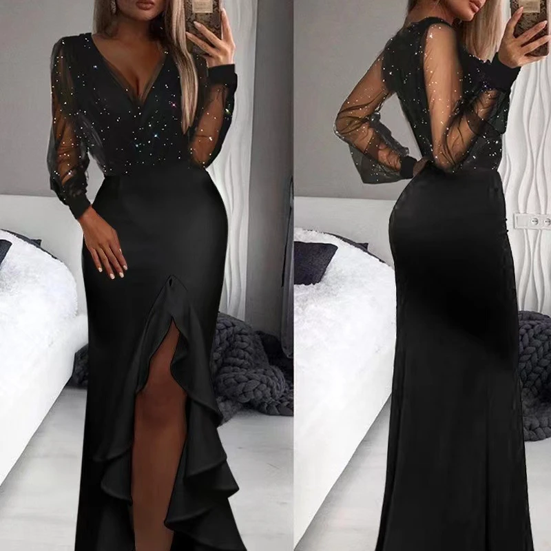 

2023 Spring Summer New Style Bag Hip Mid-waist Waist Black Literary Mesh Sequins Temperament Commuter Long Skirt Fashion Dress