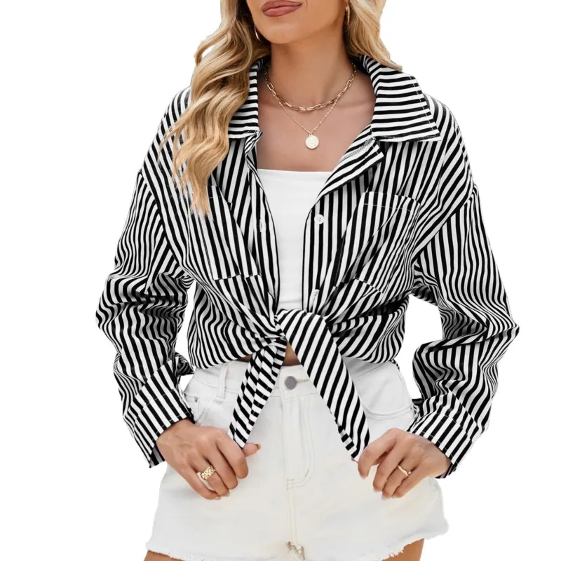 Однобортная полосатая рубашка на осень и зиму повседневная удобная свободная