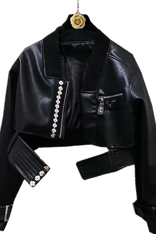 LXUNYI Autumn New Black Short PU Leather Jacket Female Oversize personality Fashion Long Sleeve Motorcycle jackets Woman Coat