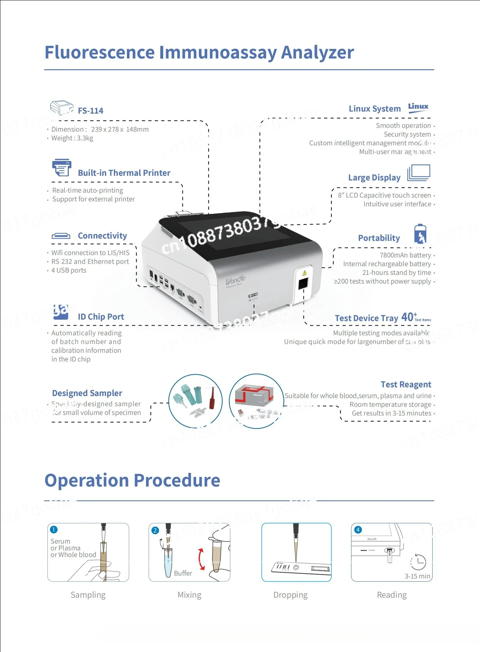 Анализатор иммуноанализации флуоресценции FS-114 HbA1C TSH FT3 FT4 Комплекты PSA