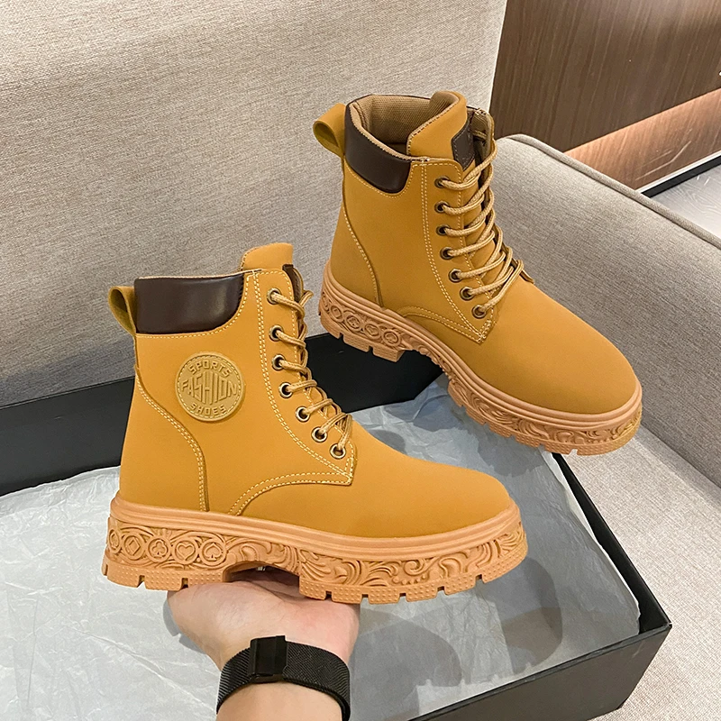 

Женские ботинки на толстой подошве, повседневная женская обувь из искусственной кожи с высоким верхом, уличные модные ковбойские ботильоны...