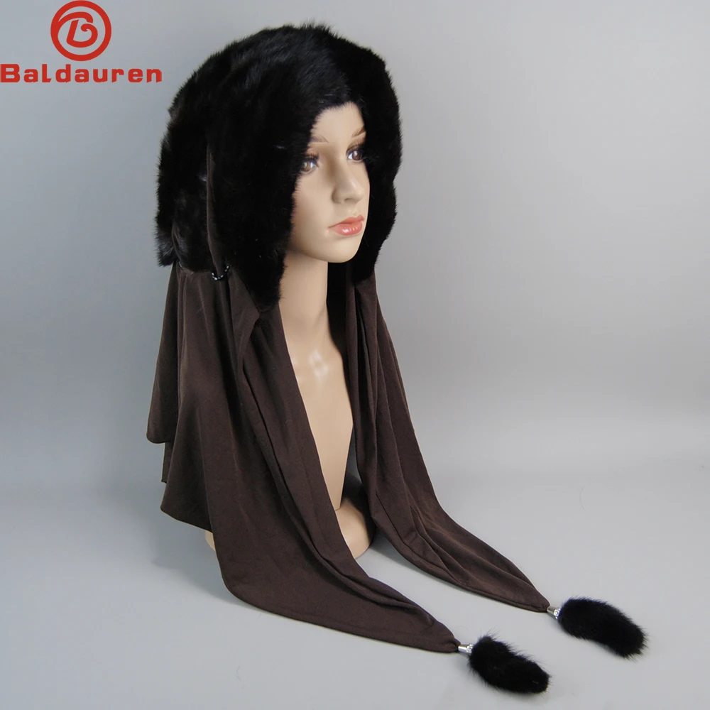 Hot Sell Lady Handmade Luxury Genuine Mink Fur Caps Scarves Winter Women Warm Mink Fur Hooded Scarf Full Pelt Outdoor Fur Muffle