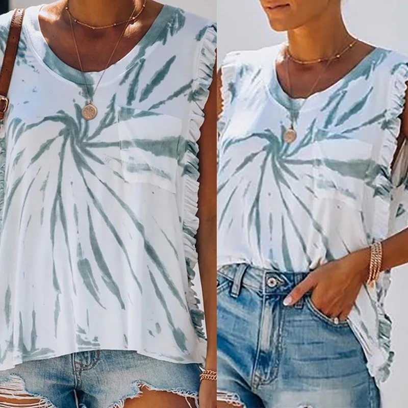 

Женская свободная футболка без рукавов, повседневный топ с круглым вырезом и принтом в европейском и американском стиле, модель SJ078 на лето