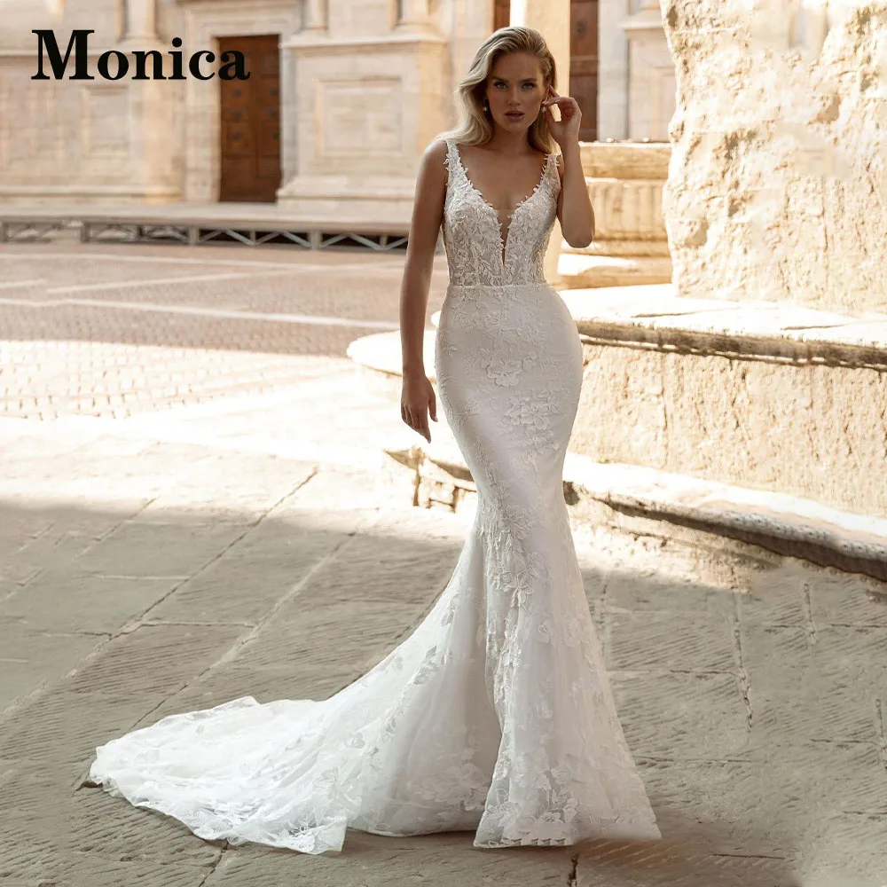 

MONICA Court Train Mermaid Wedding Dresses V-Neck Sleeveless Backless Shiny Sequined Appliques Vestidos De Novia Made To Order