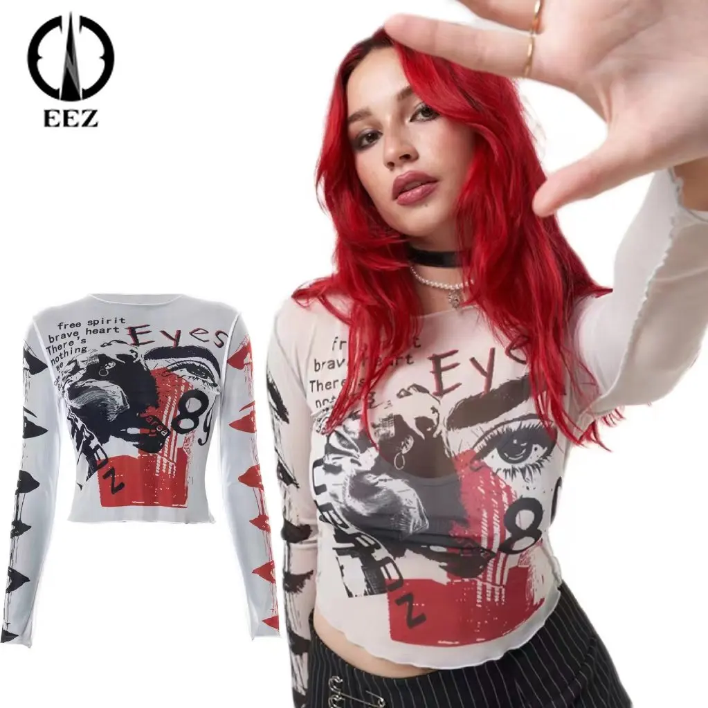 

Vintage See Through Mesh Crop Top Women T-shirt Grunge Streetwear Sexy Printed Aesthetic Bodycon Punk E-girl Long Sleeve Tee Y2k