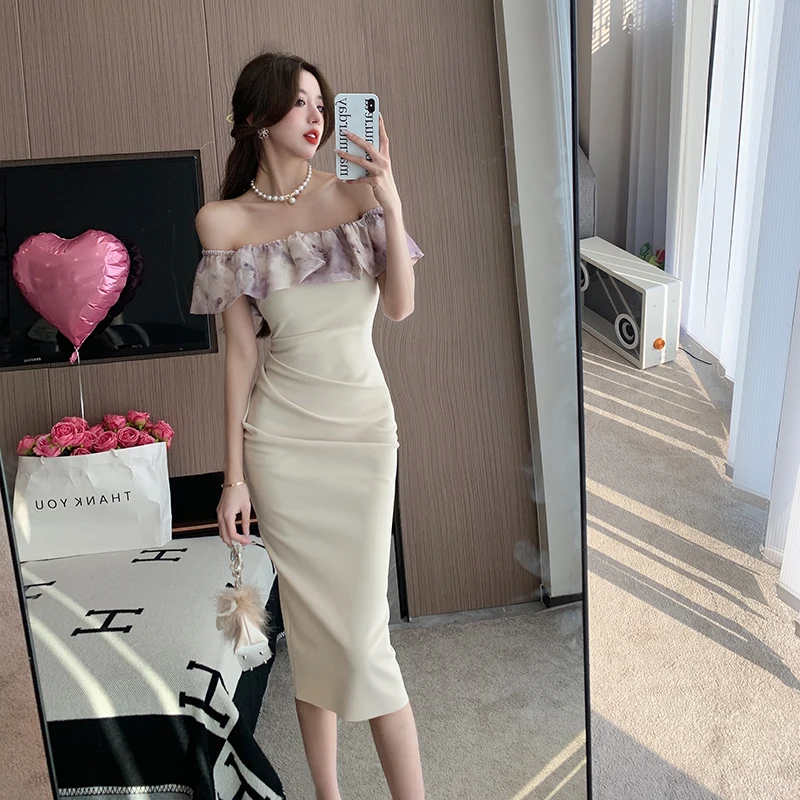 

High-End Ruffled off-Shoulder Dress Sexy off-Shoulder Fitted Waist Pleated Hip Skirt Apricot Dress