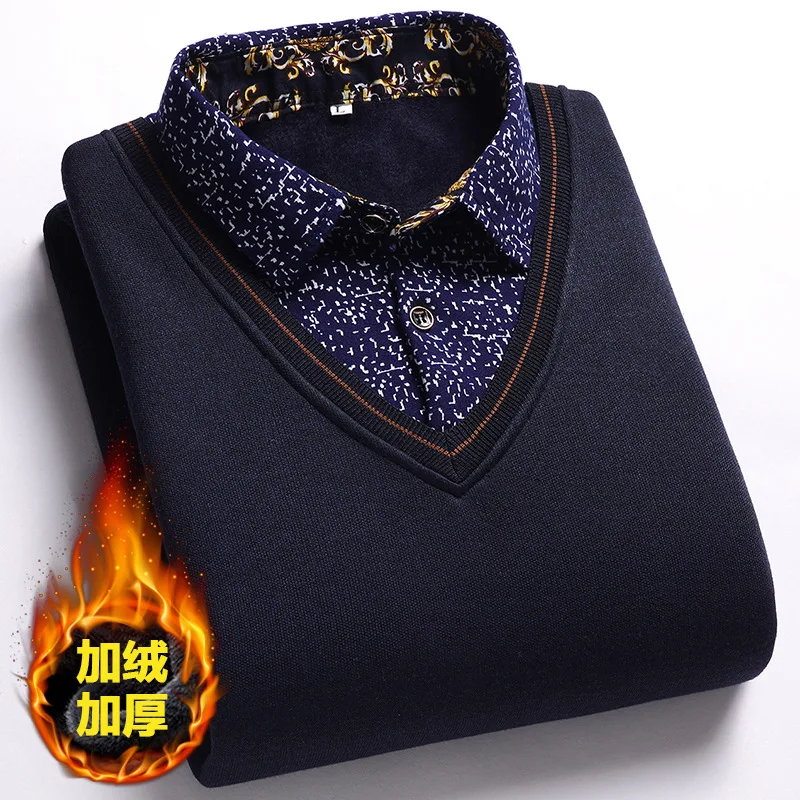 

Autumn Winter Middle-Aged Homme Pullover Long Sleeve Fake Two-Piece Sweater Plus Velvet Thick Bottoming Shirt Casual Men Jacket