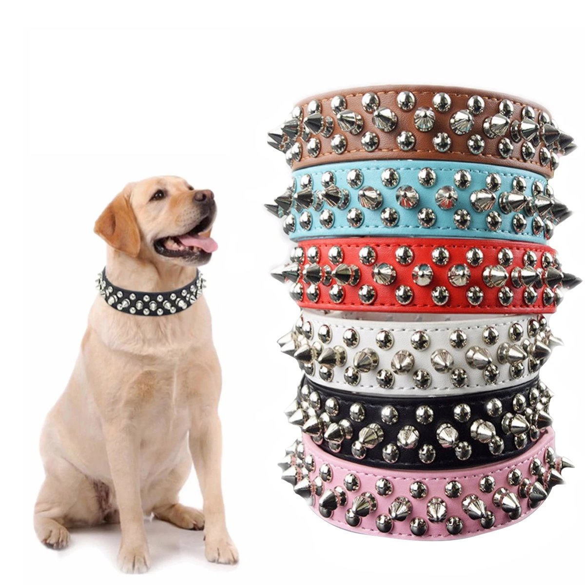 

Pet Dog Rivet Collars PU Leather Round Bullet Nail Studded Necklace Spiked Strap Punk Style Small Dogs Cat Collar 9 Colors 8Size