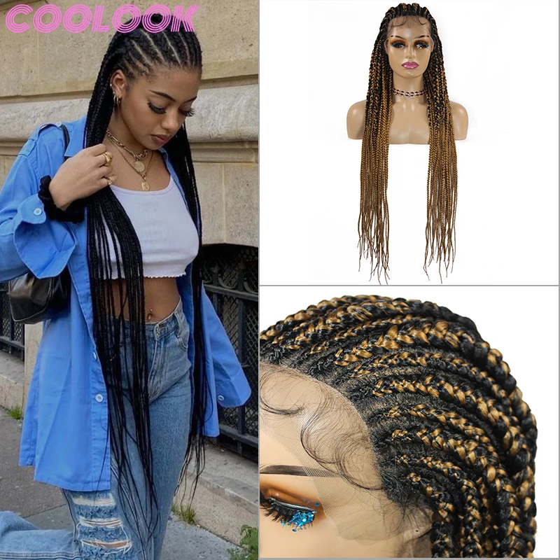 36inch Knotless Box Braid Lace Front Wigs Super Long Blond Box Braids Lace Wig Ombre Synthetic Braided Frontal Wig Box Braid Wig