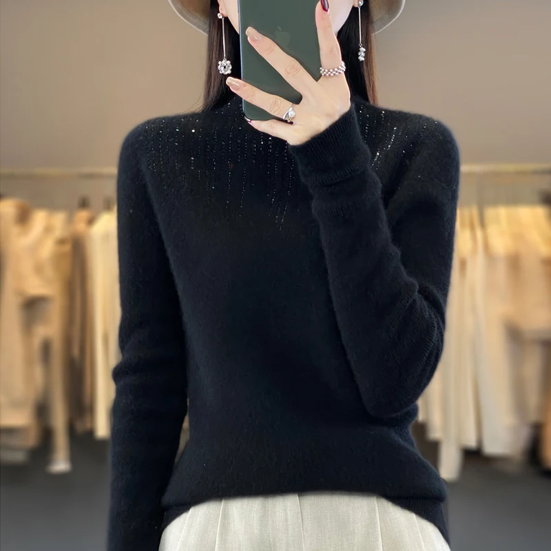 

Женский пуловер в полоску, повседневный простой пуловер из 2023 шерсти с круглым вырезом и стразами, Осень-зима 100%