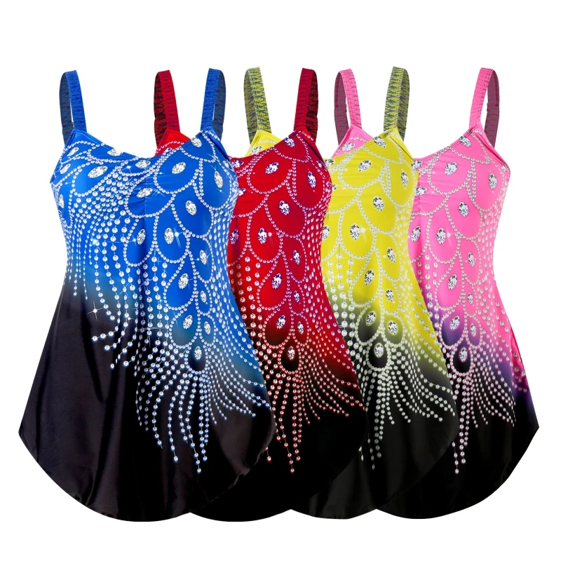 

Two Piece Swimsuit For Women Summer Swimwear Loose Fit Tankini Set Rhinestone Feather Printed Camisole With Briefs Bottoms