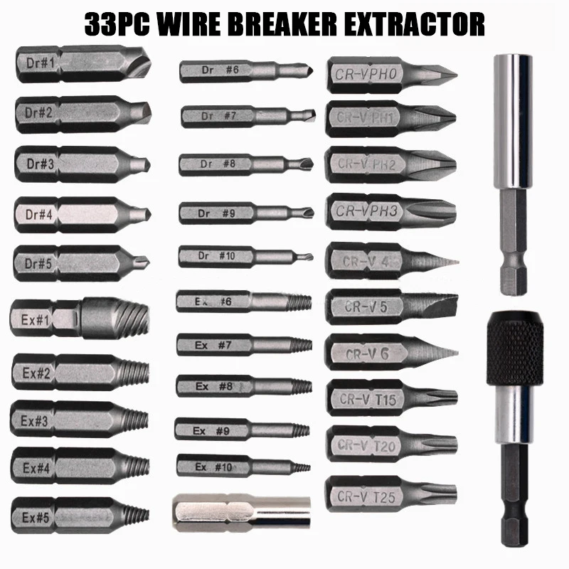 

33Pcs Damaged Stripped Screw Extractor Remover Kit Screws Bolt Stud Slip Teeth Demolish Stripped Broken Remover Tools