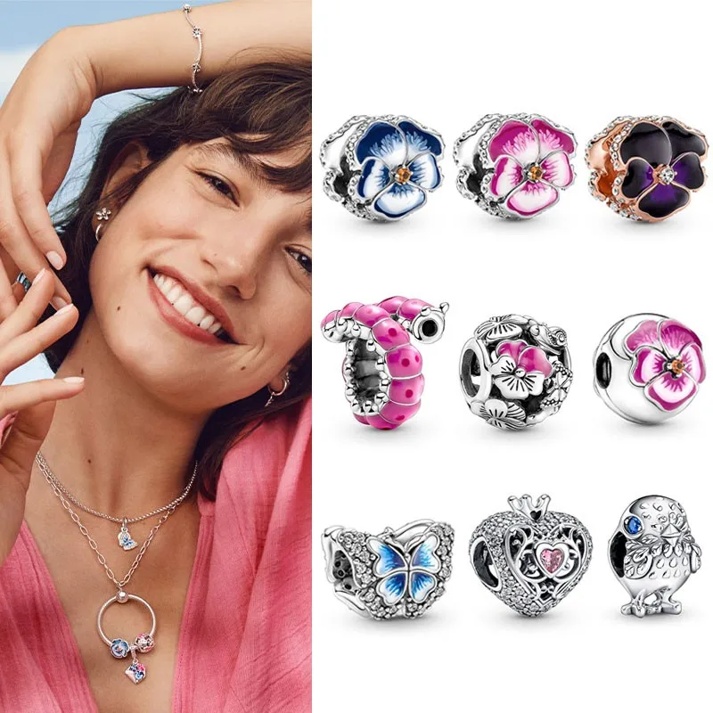 

2022 New 925 Sterling Silver Blue Butterfly Tricolor Pink Flowers for Original Pandora Designer Bracelet DIY Jewelry for Women