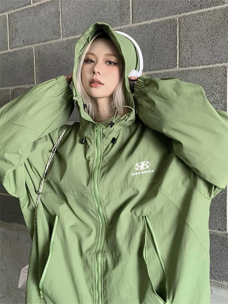 QWEEK Y2K Green Windbreaker Jacket Women Oversized Hip Hop Streetwear Black Waterproof Hooded Coat Harajuku Techwear Outerwear