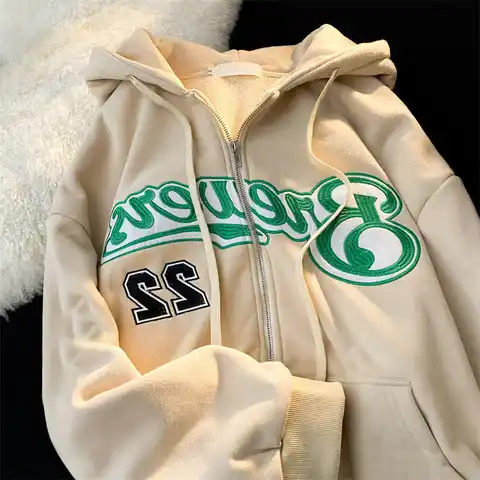 Women Letter Embroidery Hoodies Autumn Winter Fashion Oversized Zipper Jacket Coats Female Retro Harajuku Y2k Hooded Sweatshirts