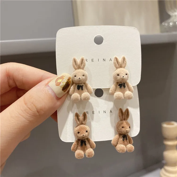 

Flocking Plug Rabbit Stud Earring Cute Kawaii Brown Khaki Animal Fashion Bunny Earring Women Ear Stud Jewelry Gifts Accessories