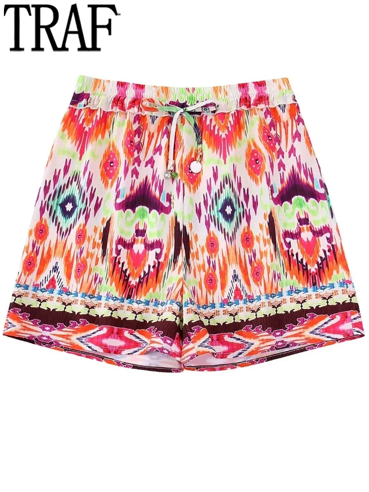 

TRAF Printed Baggy Shorts Women High Waist Bermuda Shorts Woman Fashion Casual Summer Shorts For Women Boho Beach Short Pants