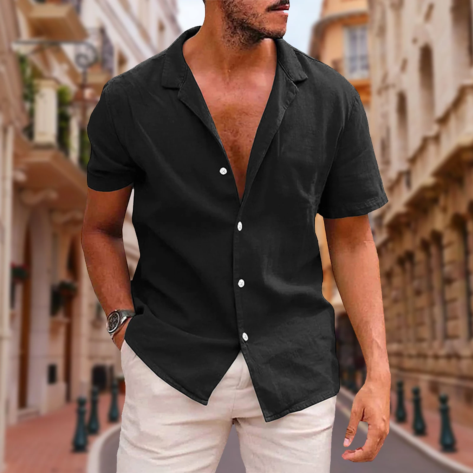 

Diamono Casual Shirts Men Loose Blouse Cotton Single Breasted Breathable Short Sleeved Comfortable Male Holiday Party