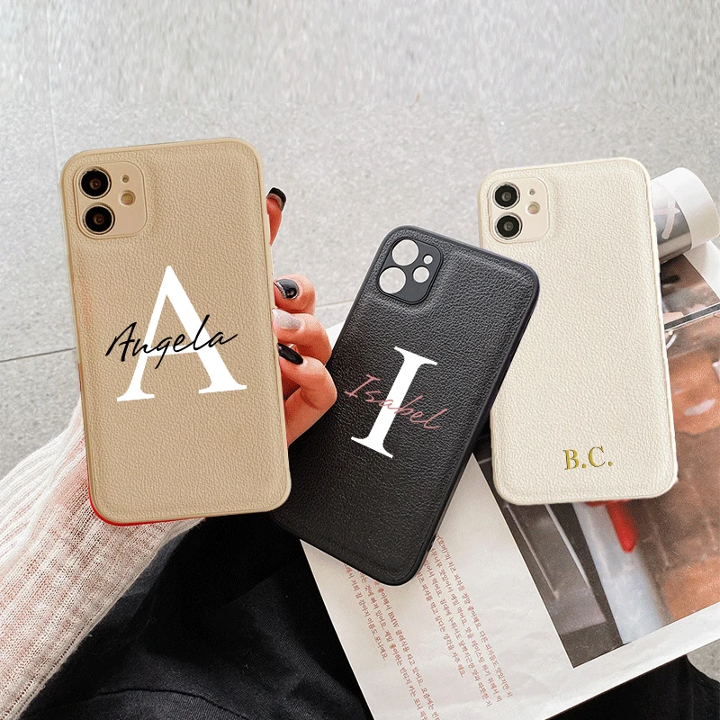 

Персонализированный Чехол для телефона с буквами и именем для iPhone 11 12 13 Pro XS Max XR X, кожаный чехол для Apple iPhone 7 8 plus с именем на заказ