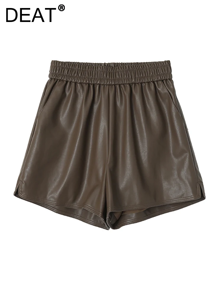 

DEAT Fashion Women's PU Leather Shorts Elastic High Waist Loose Straight Pleated Solid Color Short Jeans Spring 2023 New 17A6225