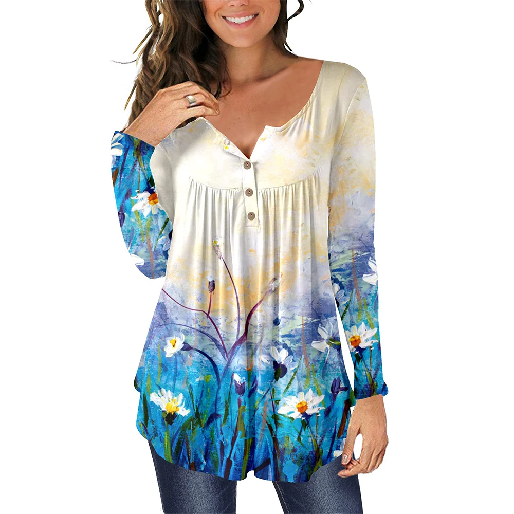 

2022 spring new top women's shirt casual fashion loose print V-Neck long sleeved shirt