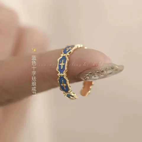 Эмалированное кольцо с белым узором, кольцо с синей глазурью в форме капли, Корейская версия женского кольца, обручальное кольцо в национальном стиле