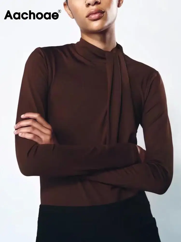 

Aachoae High Street Women Solid Color Bodysuits Fashion Stand Collar Knotted Bodysuit Ladies Coffee Color Romper