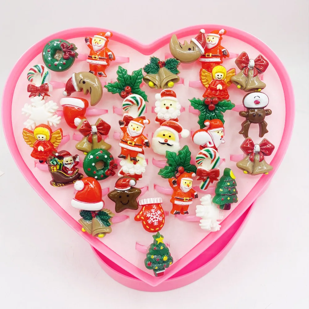 

100 шт. смешанные рождественские Мультяшные Детские Кольца, милый Санта-Клаус, Рождественская елка, лось, снеговик, регулируемые резиновые де...