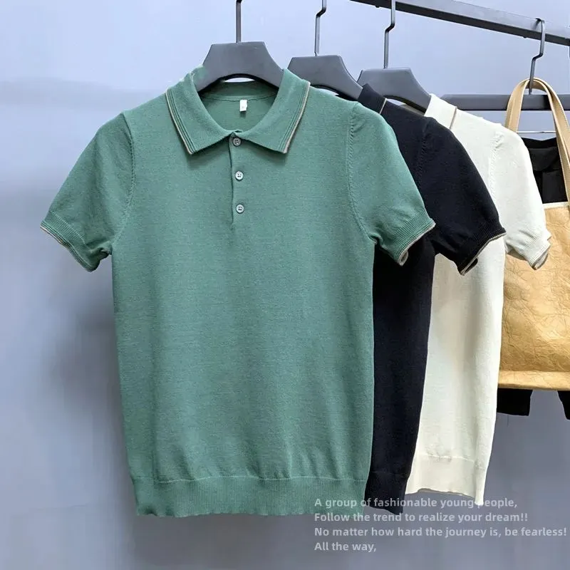 

2023 Men's Short Sleeve T-shirt Summer Solid Color Lapel T-shirt Upscale Men's Knit Shirt Thin Style T Shirt Men's Clothing