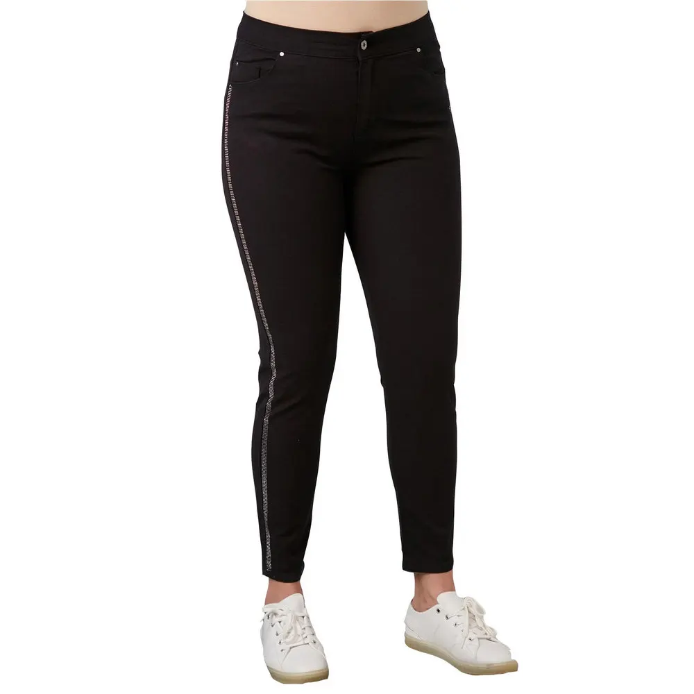 Fierte Women Plus Size Pants Rg1542 Jean High Waist Tight Trotting Ribbon Detail Zipper Closure Cotton Spring Summer
