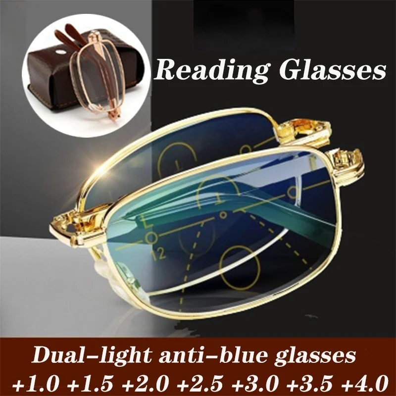 

FG (With Leather Case) Portable folding distance dual-use reading glasses for men and women anti fatigue +1.0~+4.0