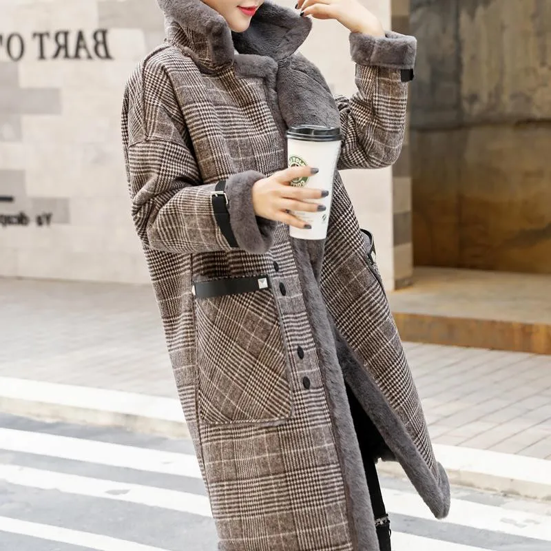 Women Winter Vintage Fashion Wool Plus Velvet Thickening Plaid Coat Female Formal Slim Long Sleeve Long Parkas Lasies Overcoat