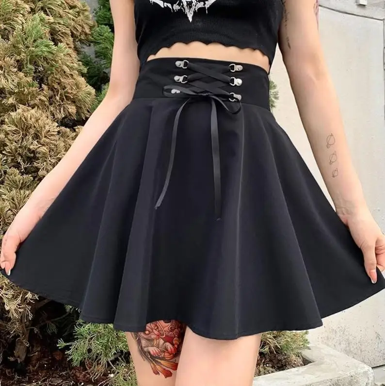 

Bandage Women's Flared Mini Skater Skirt High Waisted School Girl Skirt Goth Punk Style Black Clubwear Female Clothing