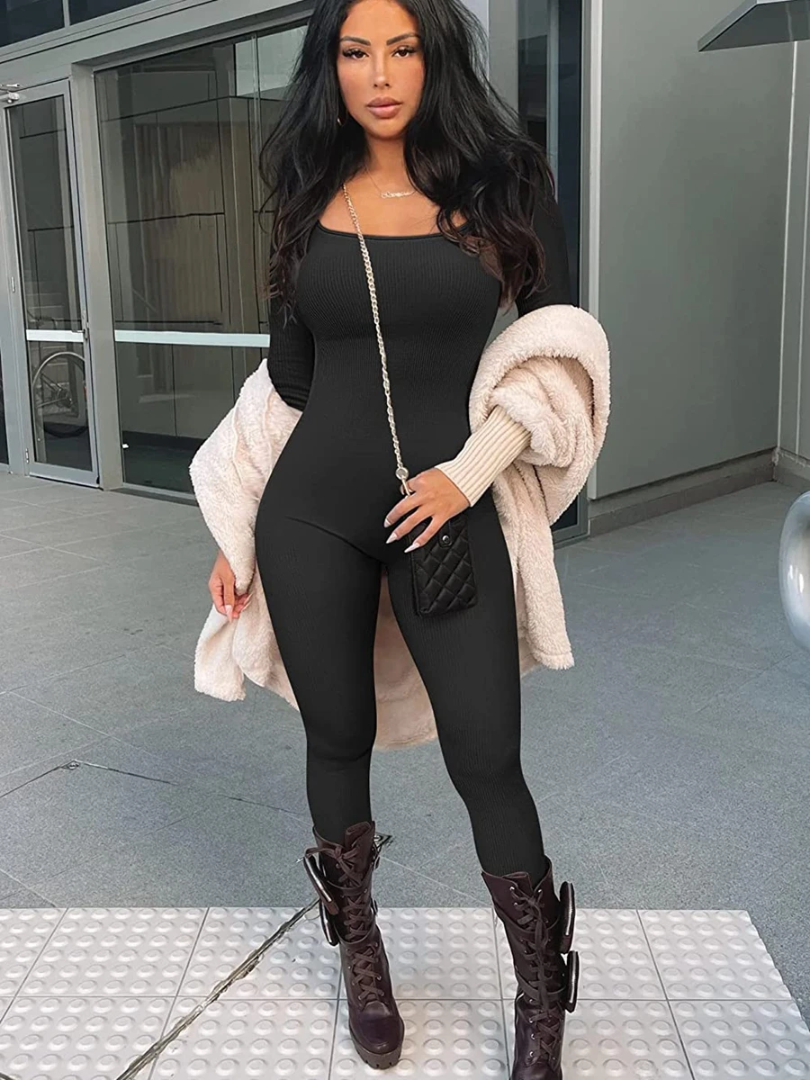 

Женские спортивные комбинезоны HEZIOWYUN, однотонные Длинные Комбинезоны с квадратным вырезом и длинным рукавом, весна-осень, облегающие комбинезоны, одежда