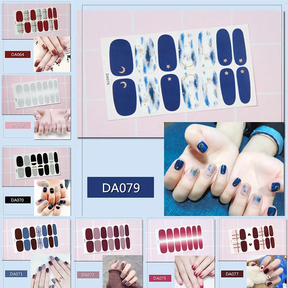 

14PCS Self Adhesive Non-Toxic Long Lasting Colorful Nail Sticker Nailart Strips Full Cover Nail Wraps Stickers