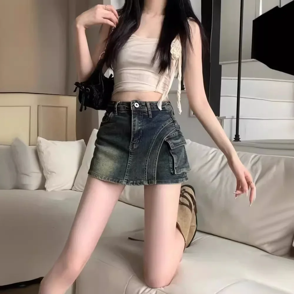 Винтажная джинсовая юбка с высокой талией и карманами лето 2023 новый стиль