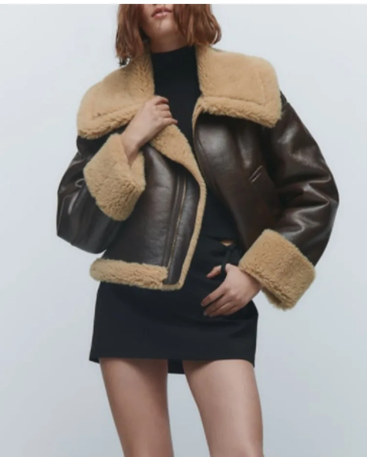 CNACNOO  Women 2022 Winter Fashion Thick Warm fur in one Leather Jacket Coat Vintage Long Sleeve Female Outerwear Chic Tops