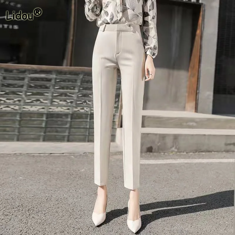 

Office Lady Spring Summer Drape Zipper Splicing Pockets Straight Trousers Fashion Black&Apricot Slim Nine Points Suit Pants