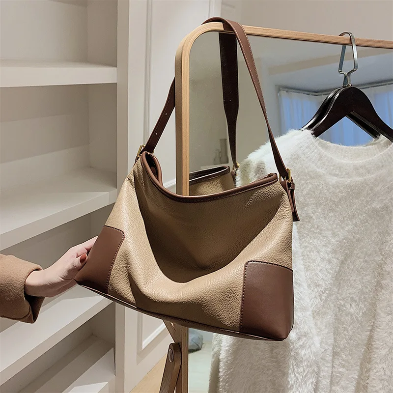 

New Casual Trend Hobo Designer Handbags Women'S Genuine Leather Vintage Tote Shoulder Bags For Ladies Large Black Messenger Bag